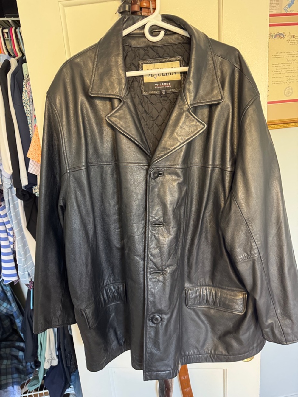 Wilson Black Leather Pea Coat with Notch Lapel